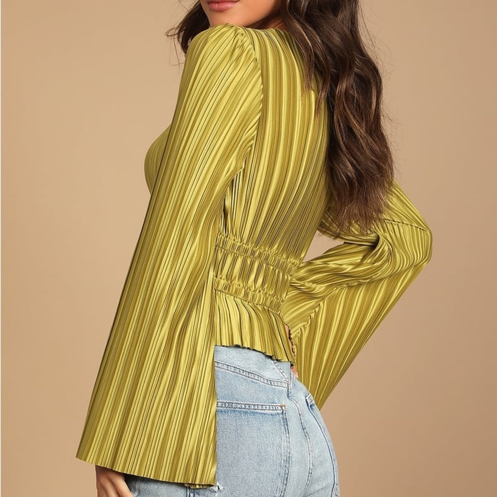 Lulus Staying Optimistic Chartreuse Pleated Bell Sleeve Top - Picture 3 of 5